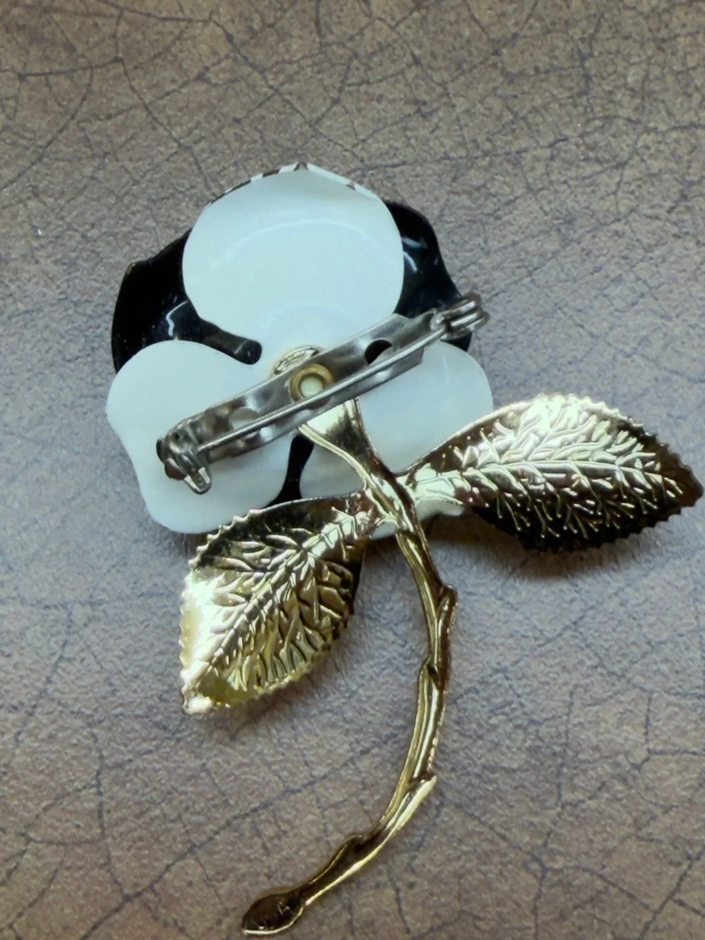 Black & White Polka Dot Flower Brooch with Green Leaves